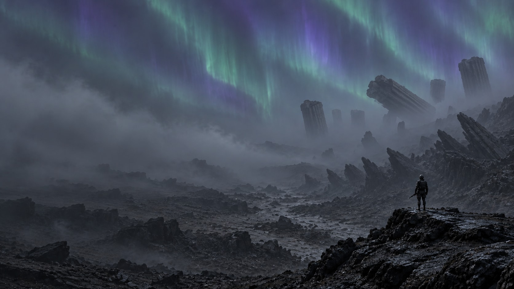 A lone armored soldier surveys a dry black-rock wash from a high outcrop. Green-gray fog advances below an aurora, with leaning stone teeth and broken columns suspended in fog to the right.